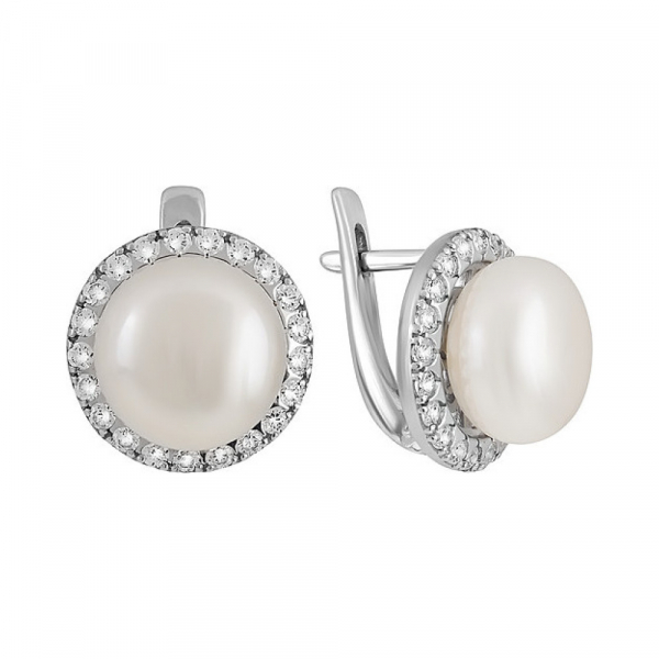Серебряные серьги с жемчугом и фианитом № 131553