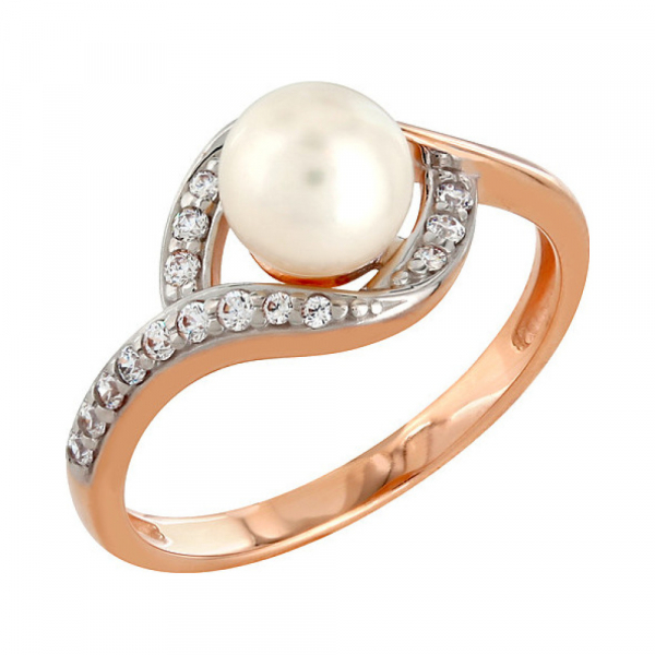 Золотое кольцо с жемчугом и фианитом № 85419