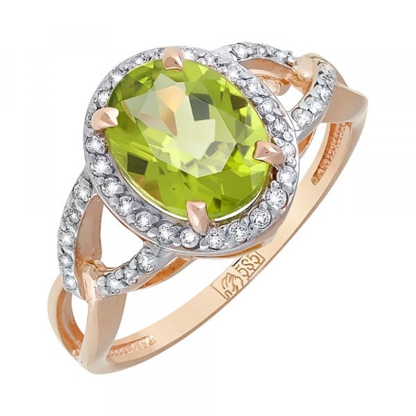 Золотое кольцо с хризолитом и фианитом № 119360