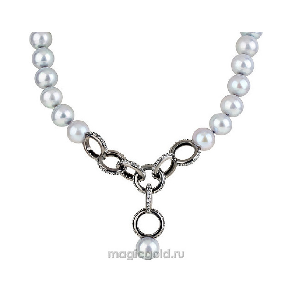 Серебряное колье с жемчугом,  фианитом и черн.покрытием № 138076