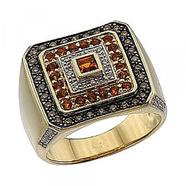  Мужской перстень с бриллиантом коньяк и цитрином № 62746