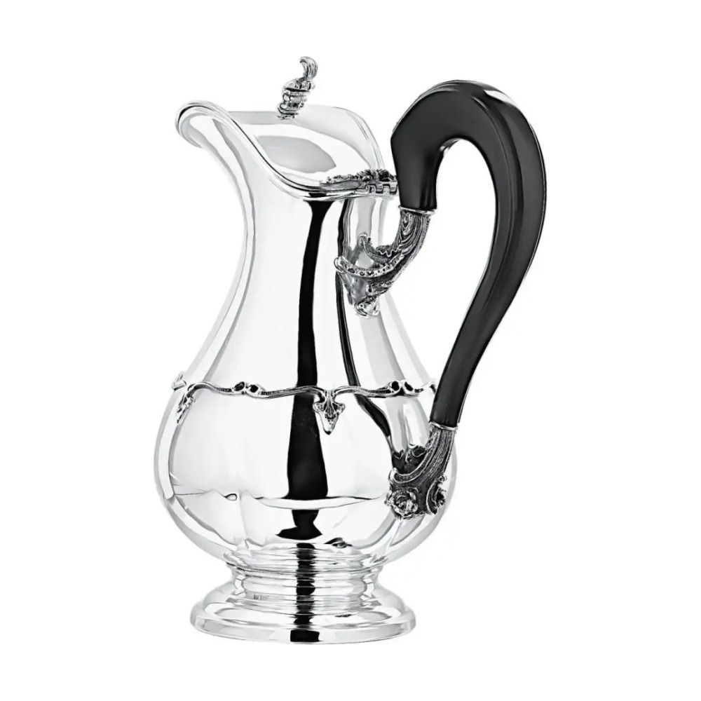 Кувшин с цветочным орнаментом и деревянной ручкой и крышкой маленький из серебра 925 пробы