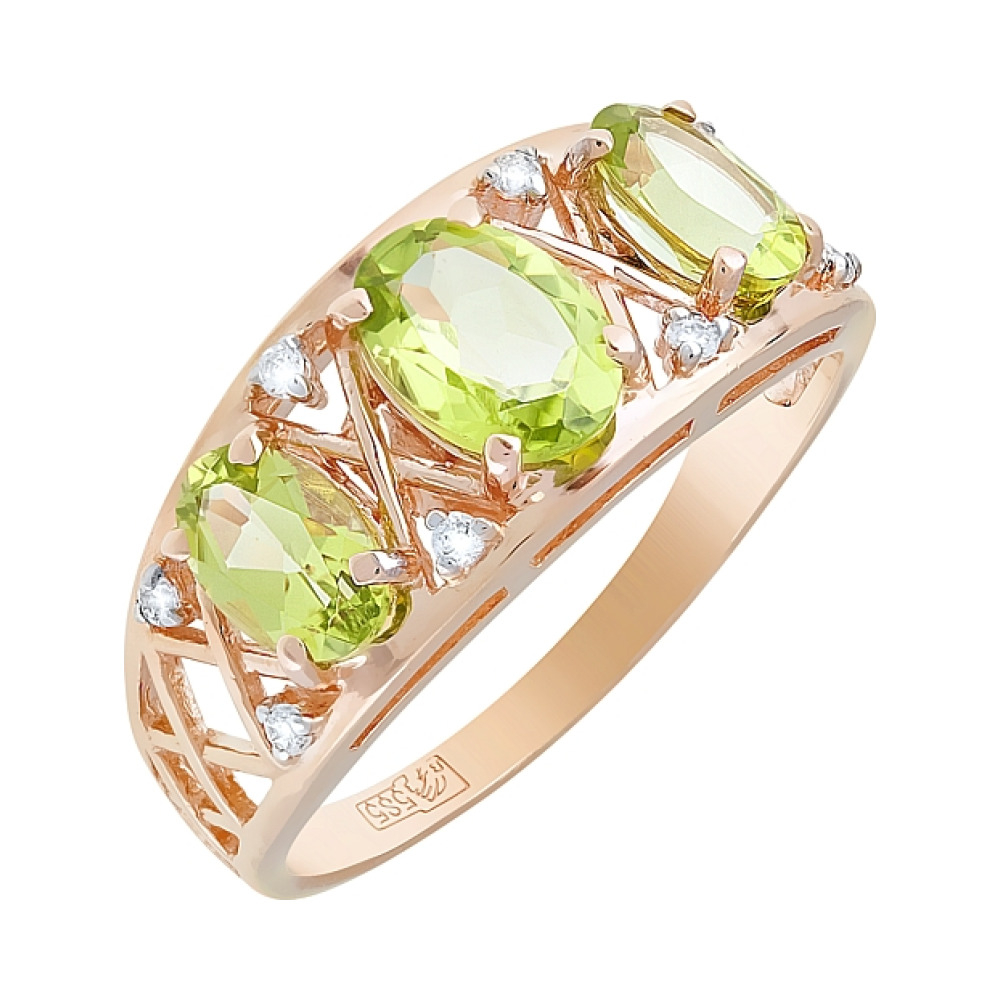 Золотое кольцо с хризолитом и фианитом № 119549