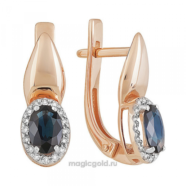 Золотые серьги с бриллиантом и сапфиром № 159077
