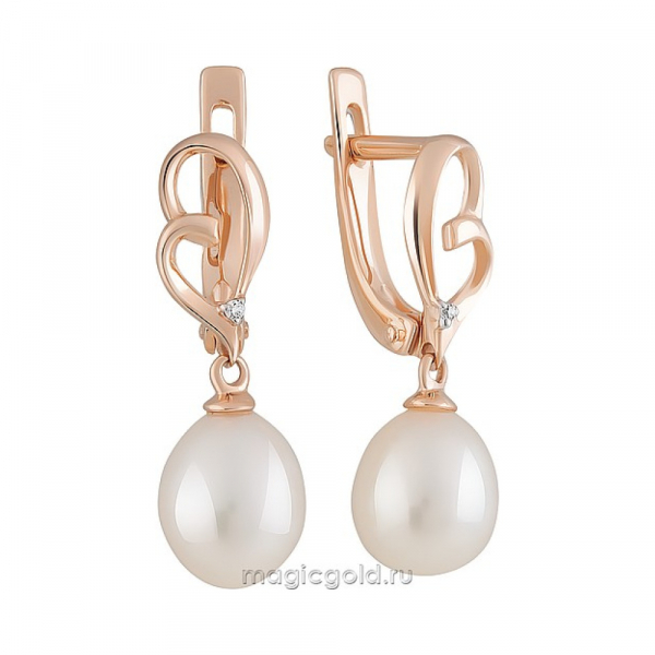 Золотые серьги с жемчугом и фианитом № 162384