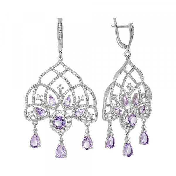 Серебряные серьги с аметистом и фианитом № 129623
