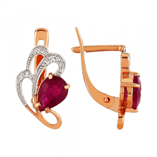Золотые серьги с бриллиантом и рубином № 84459