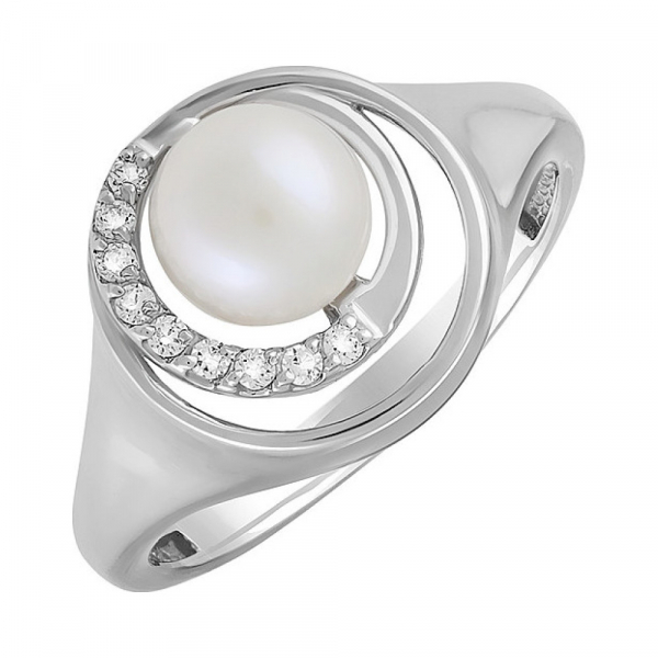 Серебряное кольцо с жемчугом и фианитом № 133027