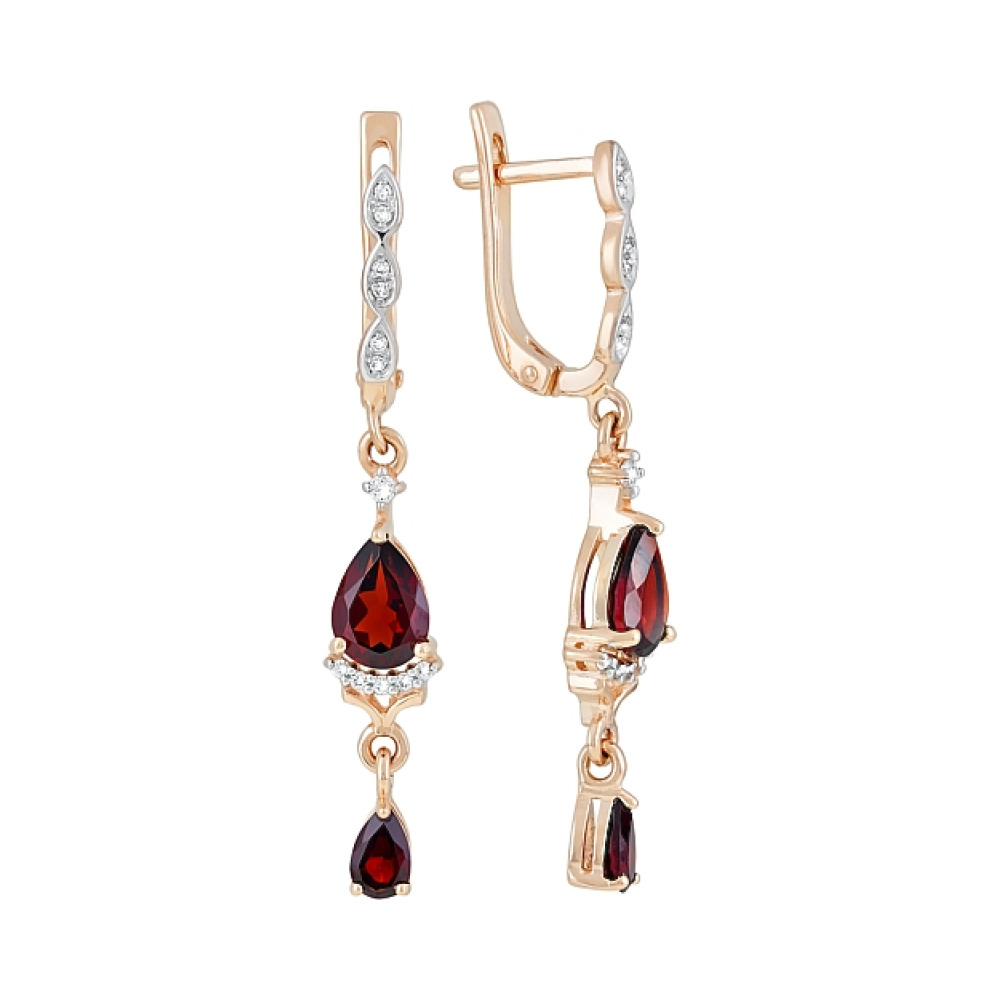 Золотые серьги с гранатом и фианитом № 119451