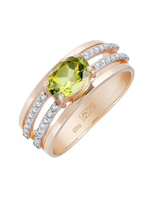 Золотое кольцо с хризолитом и фианитом № 131684