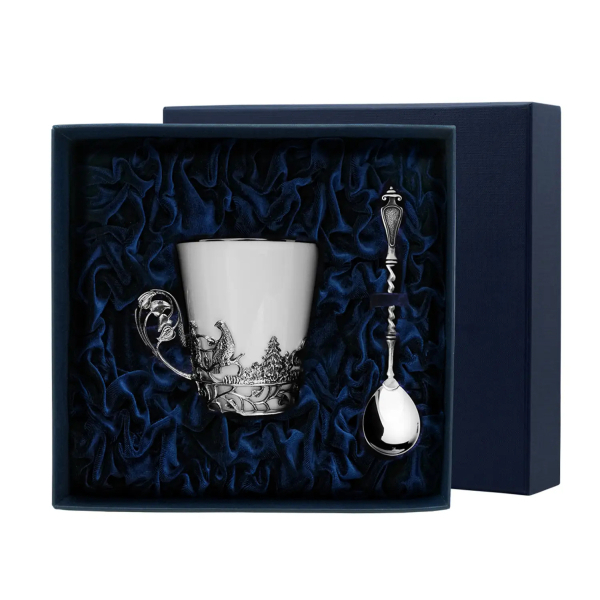 Набор чайная чашка Тетерев: ложка, чашка из серебра 925 пробы