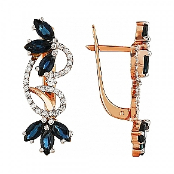 Золотые серьги с бриллиантом и сапфиром № 85602