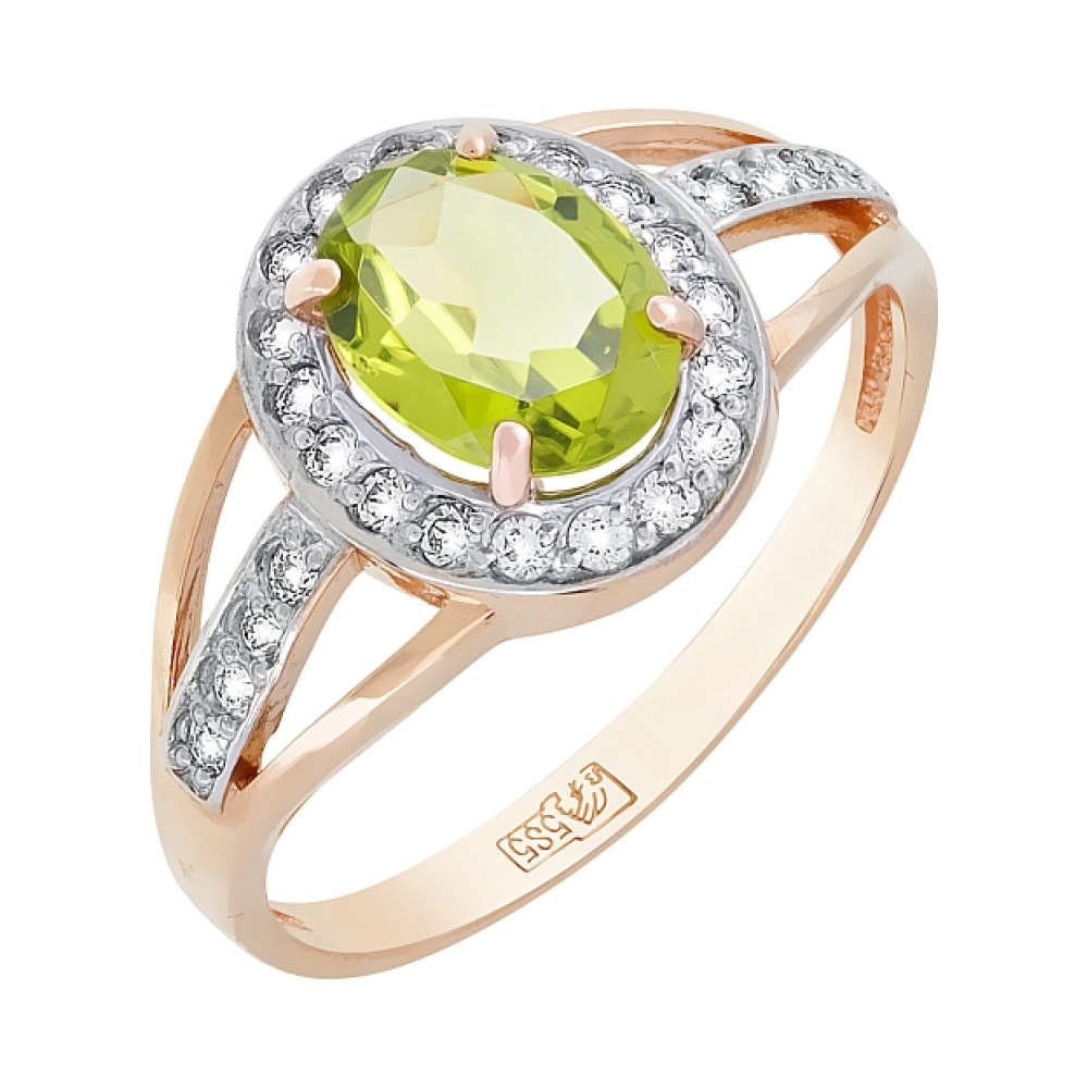 Золотое кольцо с хризолитом и фианитом № 117814