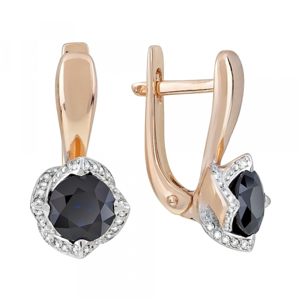 Золотые серьги с бриллиантом и сапфиром № 120958