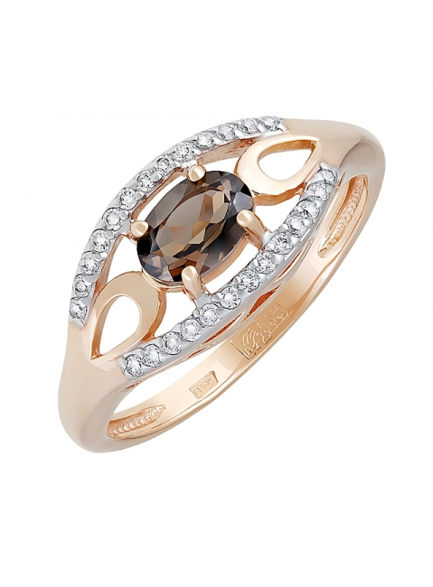 Золотое кольцо с раухтопазом и фианитом № 131604