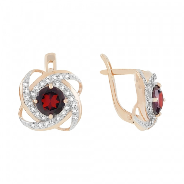 Золотые серьги с гранатом и фианитом № 81078