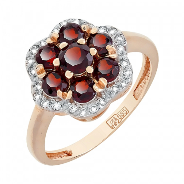 Золотое кольцо с гранатом и фианитом № 116958