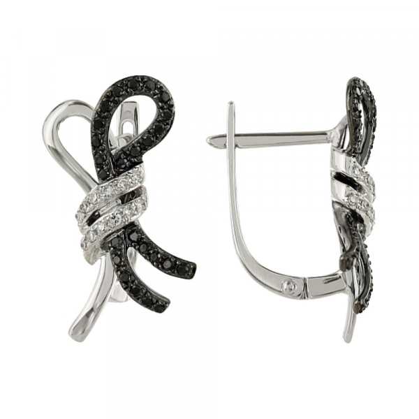 Золотые серьги с чёрными и белыми бриллиантами № 101876