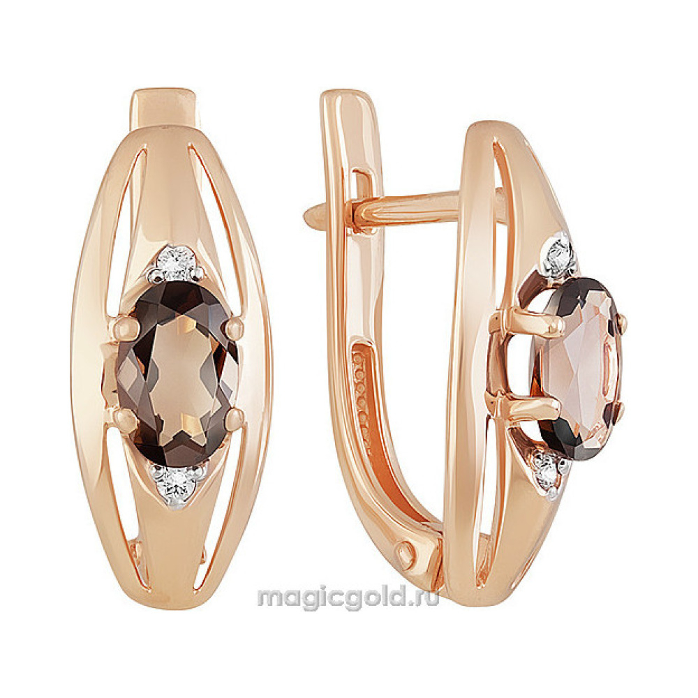 Золотые серьги с раухтопазом и фианитом № 142206