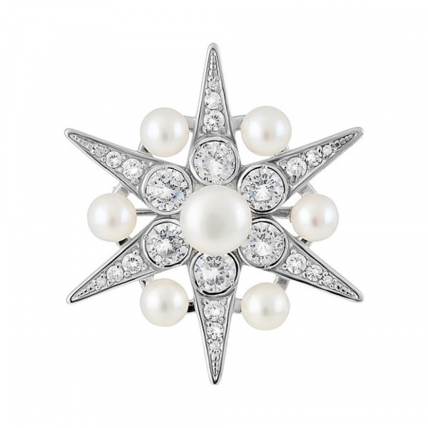 Серебряная брошь с жемчугом и фианитом № 129644