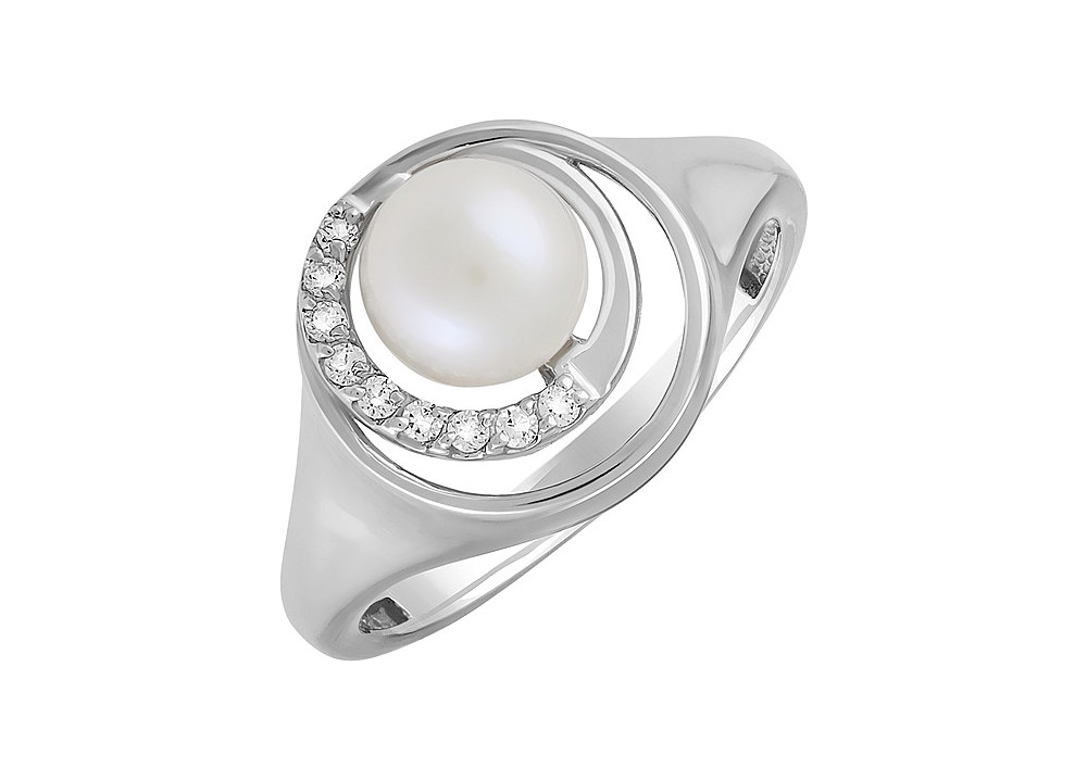 Серебряное кольцо с жемчугом и фианитом № 133027