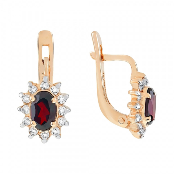 Золотые серьги с гранатом и фианитом № 7616