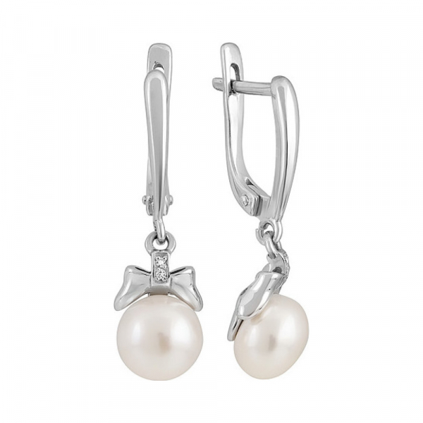 Серебряные серьги с жемчугом и фианитом № 131557