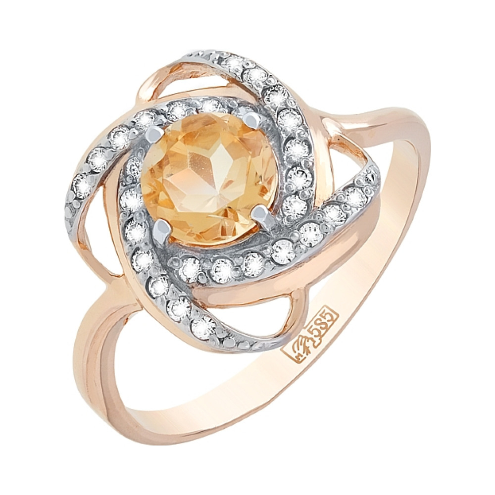 Золотое кольцо с цитрином и фианитом № 107826