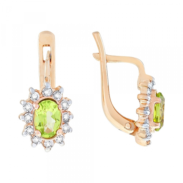 Золотые серьги с хризолитом и фианитом № 9095