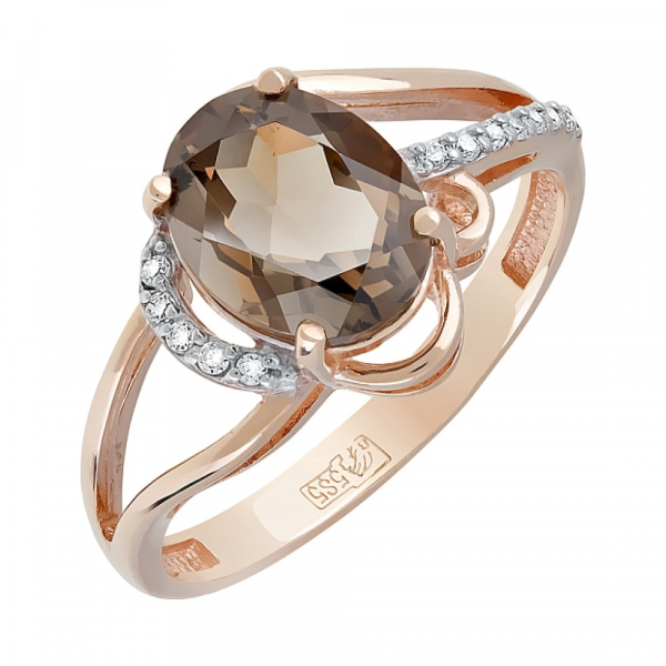 Золотое кольцо с раухтопазом и фианитом № 119705