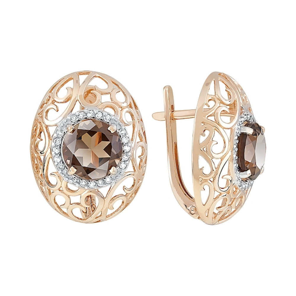 Золотые серьги с раухтопазом и фианитом № 120299