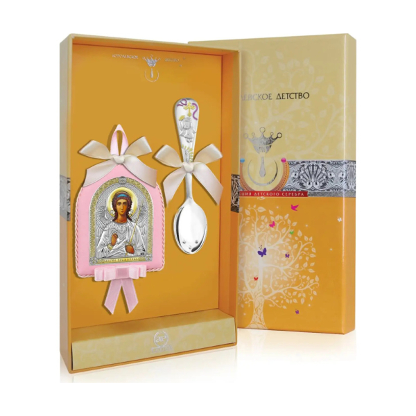 Набор детский Ангел Хранитель: икона, ложка с позолотой и с эмалью из серебра 925 пробы