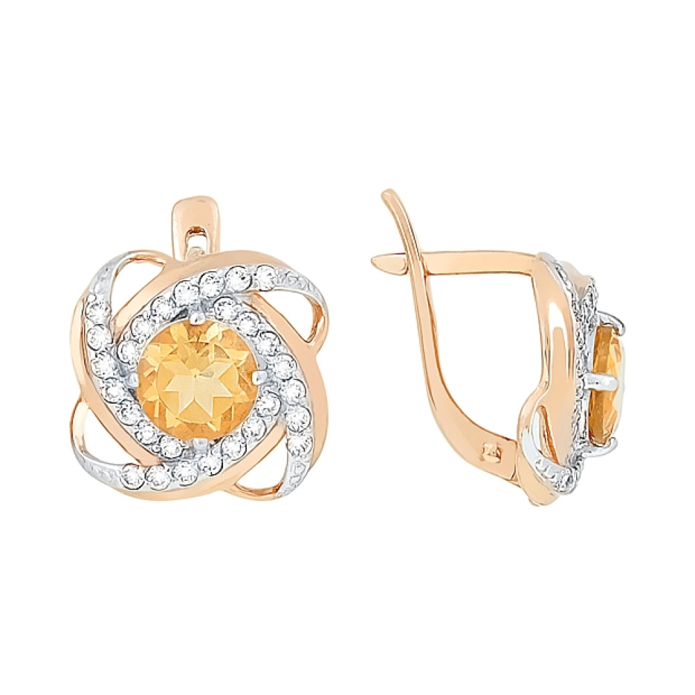 Золотые серьги с цитрином и фианитом № 107830