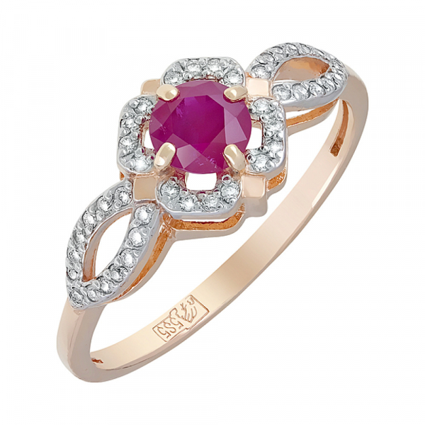 Золотое кольцо с бриллиантом и рубином № 119427