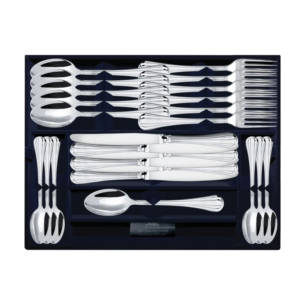 Набор столовый Меридиан: вилка, ложка, нож, чайная ложка. Набор на 6 персон из серебра 925 пробы