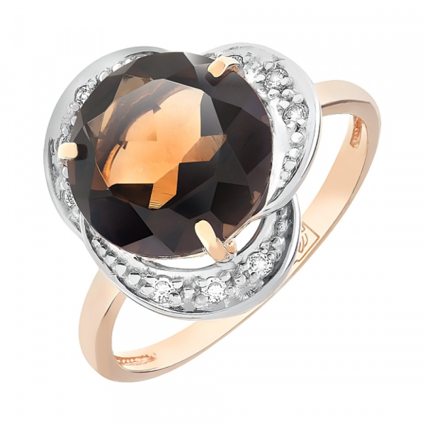 Золотое кольцо с раухтопазом и фианитом № 105670