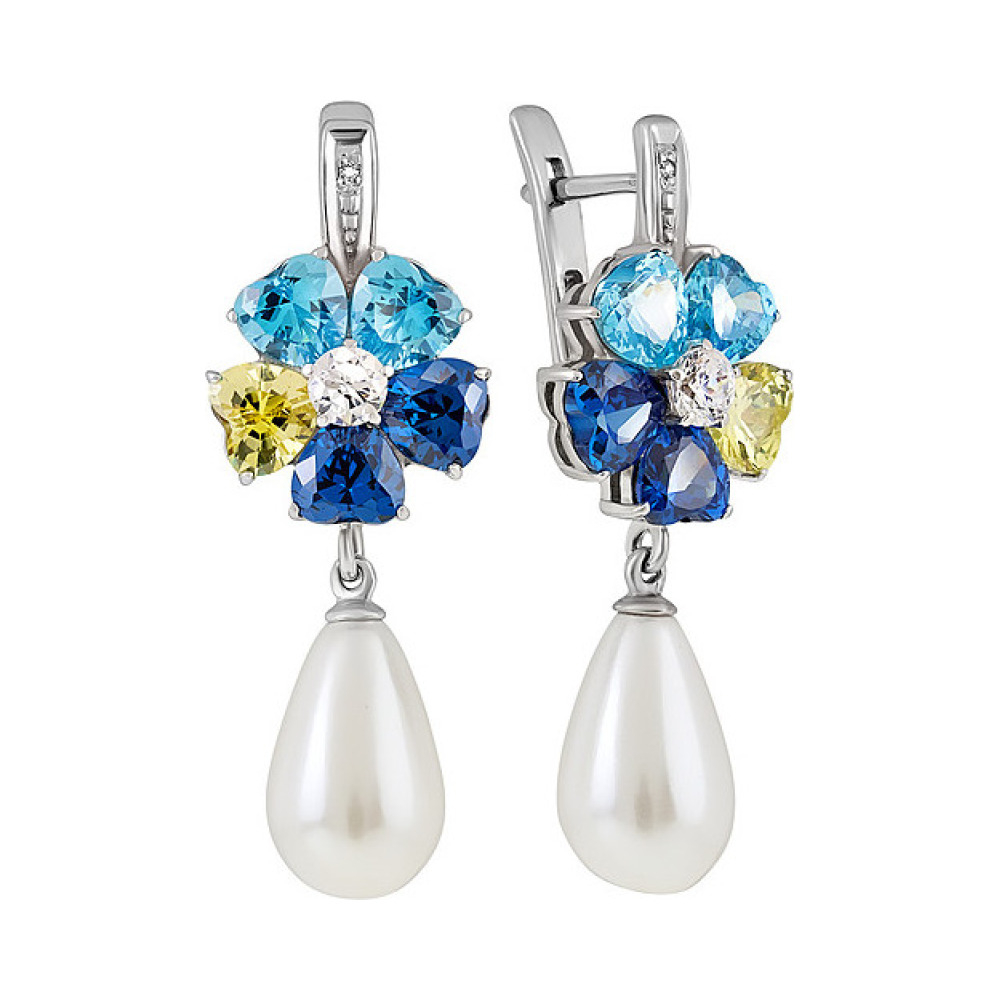 Серебряные серьги с перламутровым жемчугом и фианитом № 134387