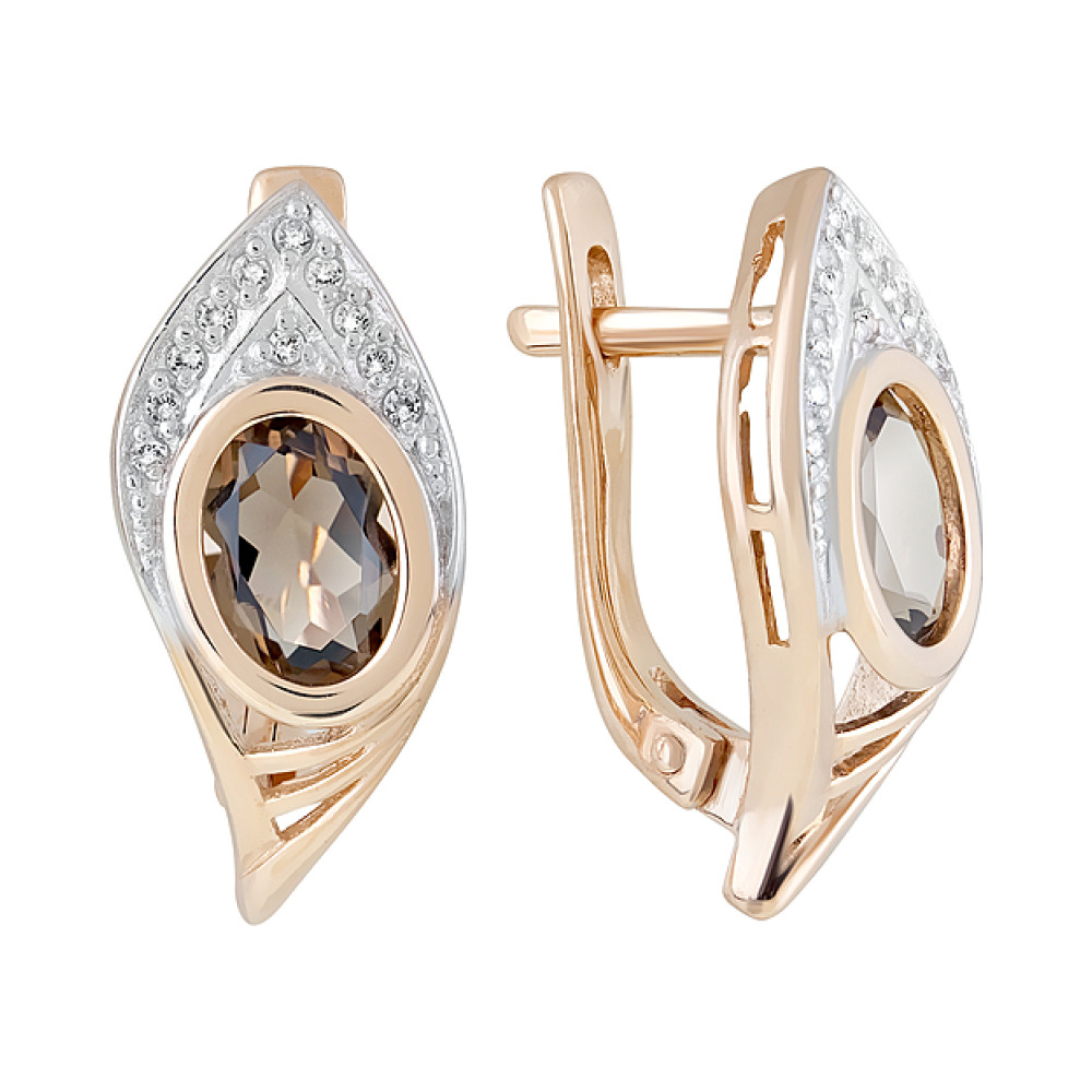 Золотые серьги с раухтопазом и фианитом № 122921