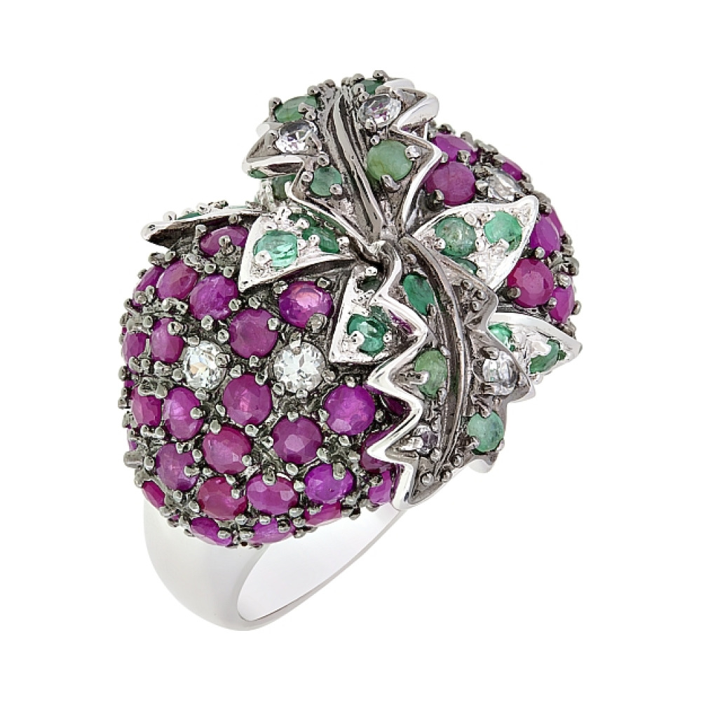 Серебряное кольцо с изумрудом топазом и рубином № 70777