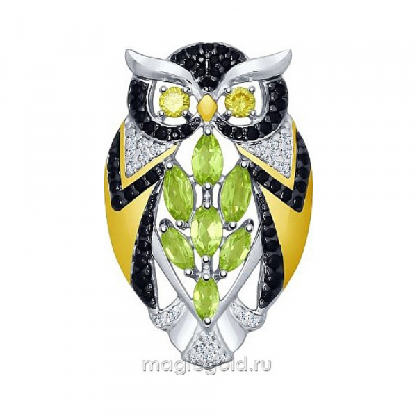 Серебряная брошь с хризолитом, фианитом и зол. покрытием № 155672