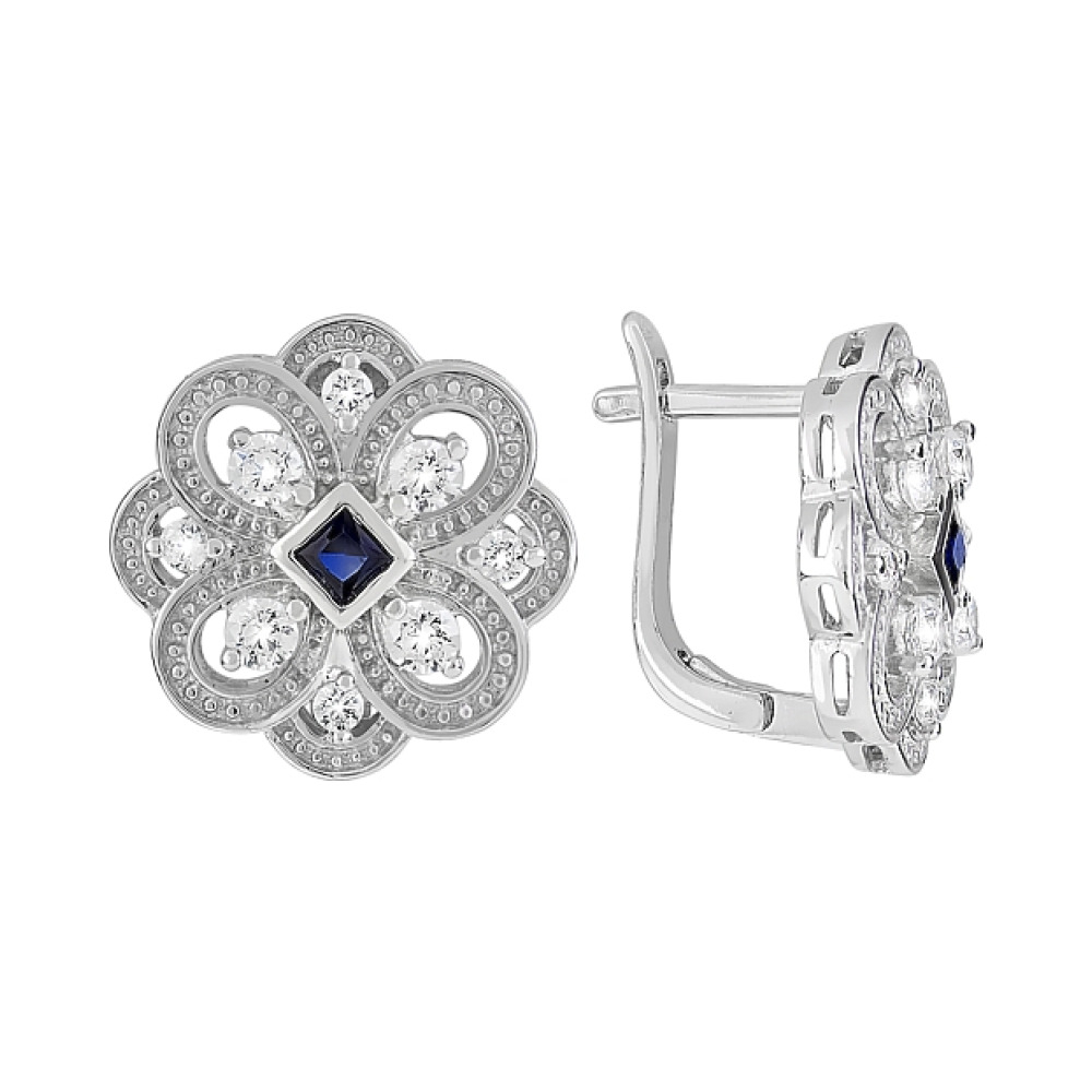 Серебряные серьги с имитац. корунда и фианитом № 119094