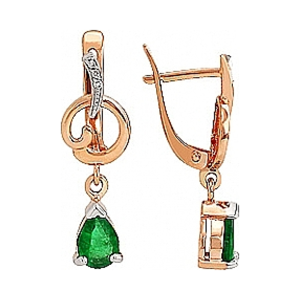 Золотые серьги с бриллиантом и изумрудом № 84892