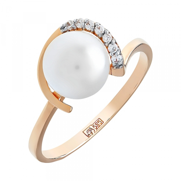 Золотое кольцо с жемчугом и фианитом № 105703