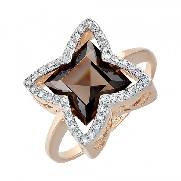 Золотое кольцо с раухтопазом и фианитом № 129486