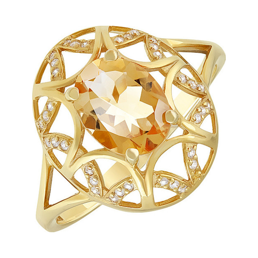 Серебряное кольцо с цитрином, фианитом и золотым покрытием № 133925