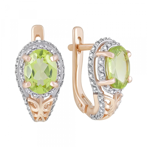 Золотые серьги с хризолитом и фианитом № 124115