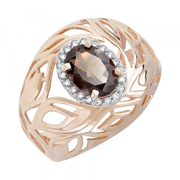 Золотое кольцо с раухтопазом и фианитом № 119943