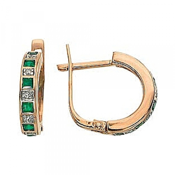 Золотые серьги с бриллиантом и изумрудом № 3494