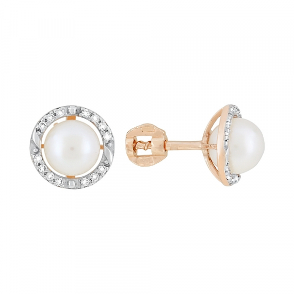 Золотые серьги с жемчугом и фианитом № 119019