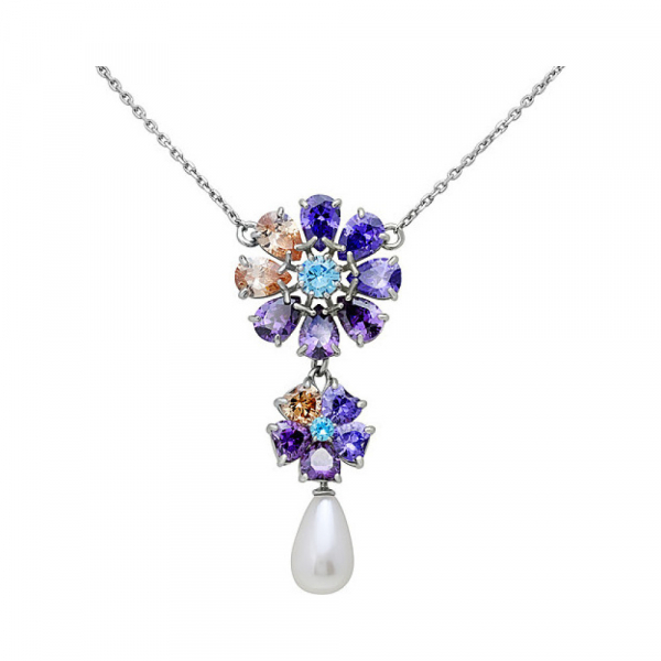 Серебряное колье с перламутровым жемчугом и фианитом № 134382